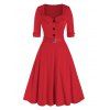 Robe Vintage Evasée Ceinturée à Demi-Bouton - Rouge 2XL