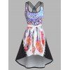 Robe Haute Basse Ceinturée à Imprimé Plume sans Manches - Noir L