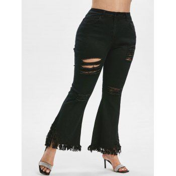 

Frayed Hem Ripped Plus Size Flare Jeans, Black