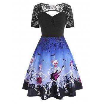 

Plus Size Skeleton Playing Guitar Cutout Halloween Dress, Blue