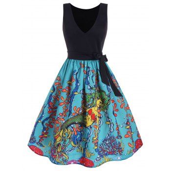 

Marine Mermaid Print A Line Dress Vacation Sleeveless Plunging Bowknot Belted Dress, Multicolor