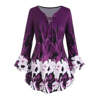 

Plus Size Bell Sleeve Floral Print Lace Up Top, Purple