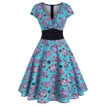 

Halloween Skull Flower Cap Sleeve Surplice Dress, Multicolor