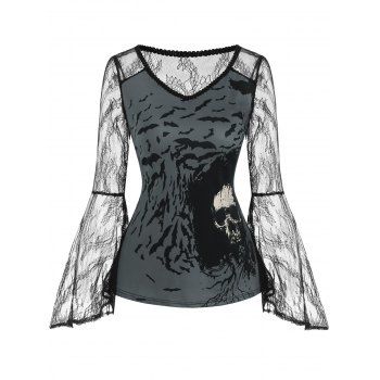 

Flare Sleeve Lace Panel Bat Skull Holloween Top, Black