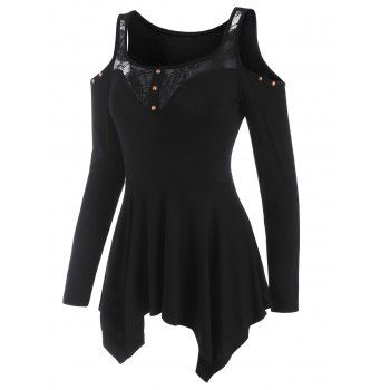 

Lace Insert Cold Shoulder Handkerchief T Shirt, Black