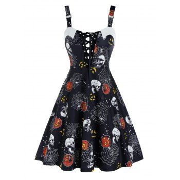 

Halloween Pumpkin Skull Print Lace Up Cami A Line Dress, Multicolor a