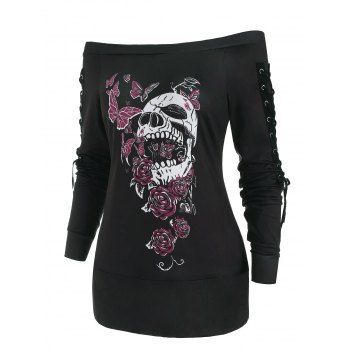 

Lace Up Butterfly Skull Holloween Top, Black