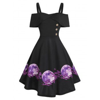 

Moon Floral Print Open Shoulder Mock Button Midi A Line Dress, Black