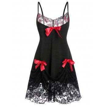 

Plus Size Bowknot Lace Draped Lingerie Babydoll Set, Black