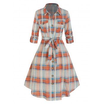 

Plus Size Plaid Rolled Up Sleeve Belted Shirt Dress, Multicolor a