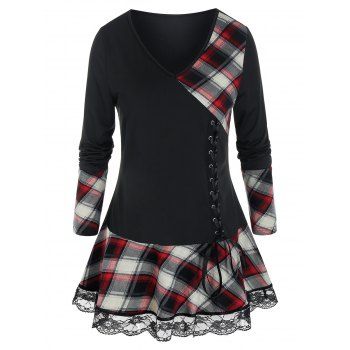 

Plus Size Plaid Lace-up Lace Hem Long Sleeve Tee, Black