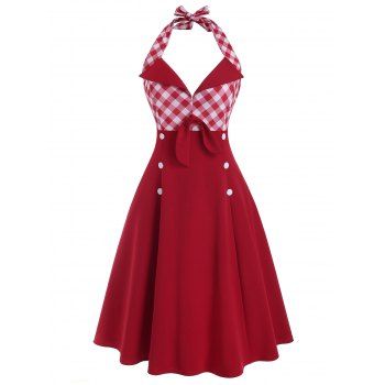 Image of Vintage Plaid Tied Mock Button Backless Dress