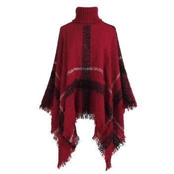 Image of Plus Size Turtleneck Plaid Asymmetric Poncho Sweater