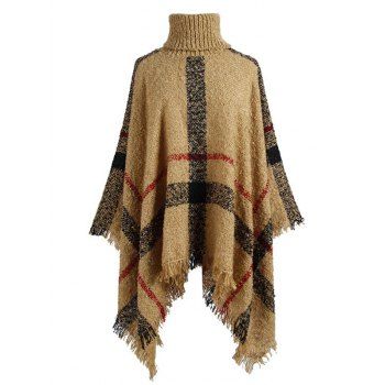 

Plus Size Turtleneck Plaid Asymmetric Poncho Sweater, Coffee