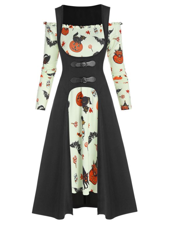 Robe d'Halloween Haute Basse Citrouille Animal Imprimé Double Boucles Deux Pièces - Noir M