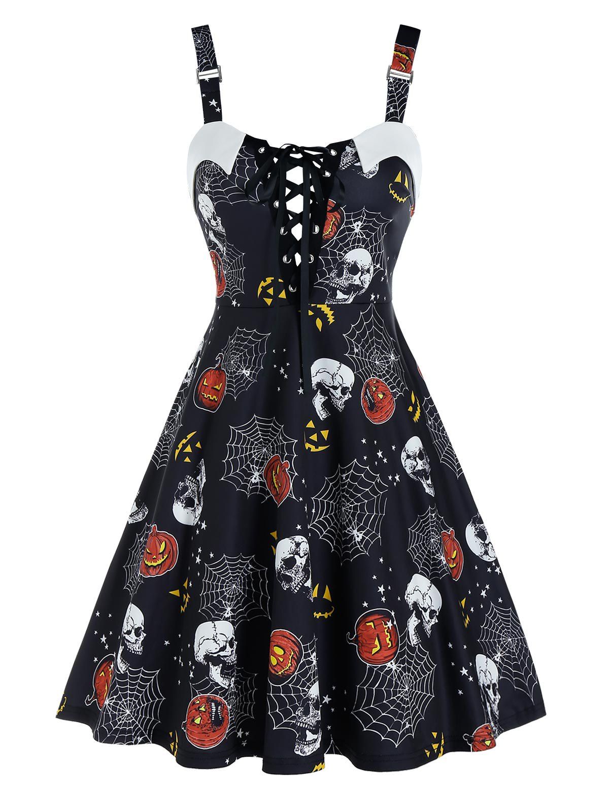 Halloween Pumpkin Skull Print Lace Up Cami A Line Dress - multicolor A 2XL