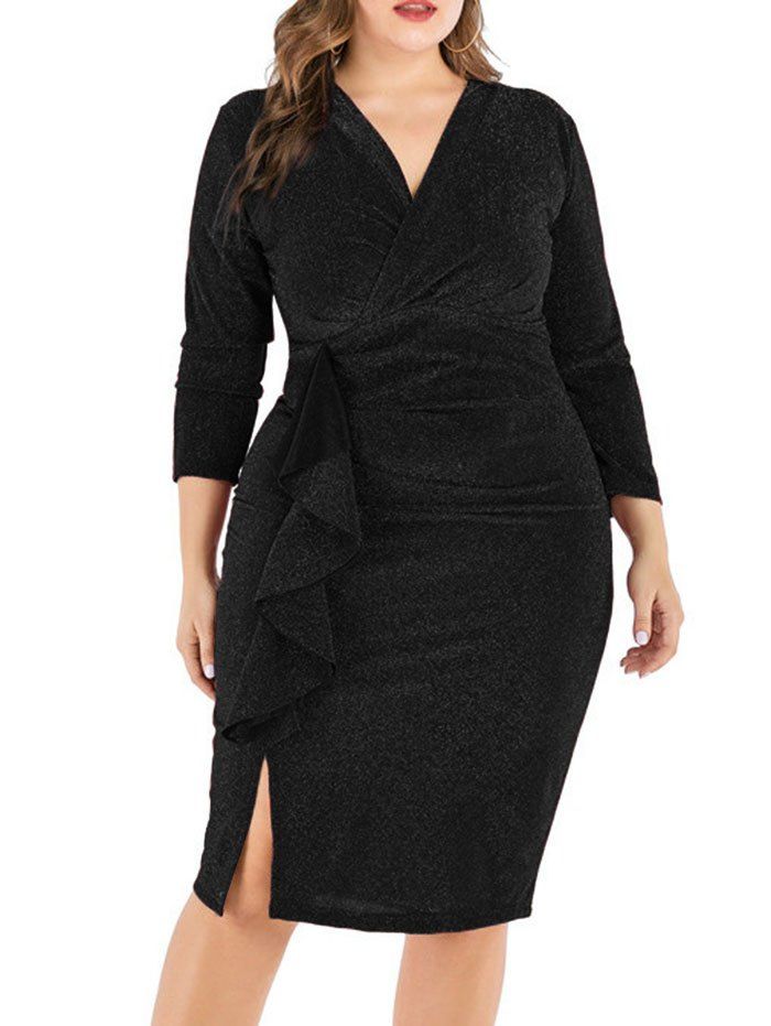 [37% OFF] 2021 Plus Size Ruffled Shimmer Knit Bodycon Dress In BLACK ...