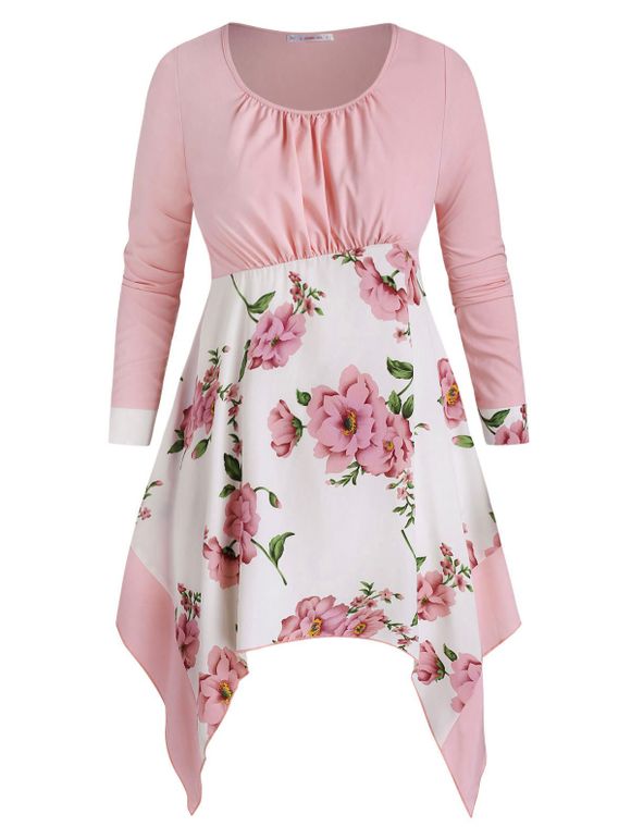 Chemisier Mouchoir Fleuri en Avant de Grande Taille à Volants - Rose clair 3X