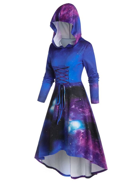 Robe à Capuche Haute Basse Galaxie Imprimée avec Lacets - multicolor A M