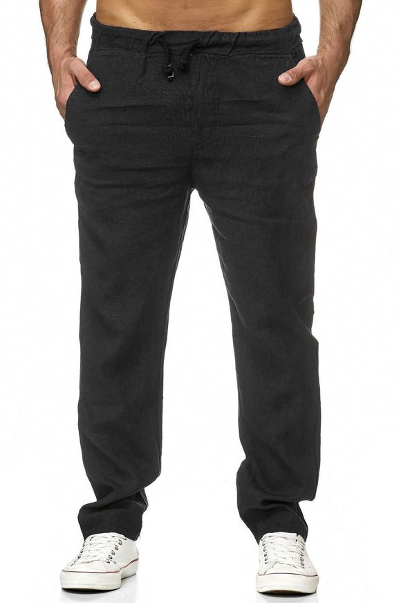 Pantalon Droit Long en Couleur Unie à Taille Elastique - Noir L