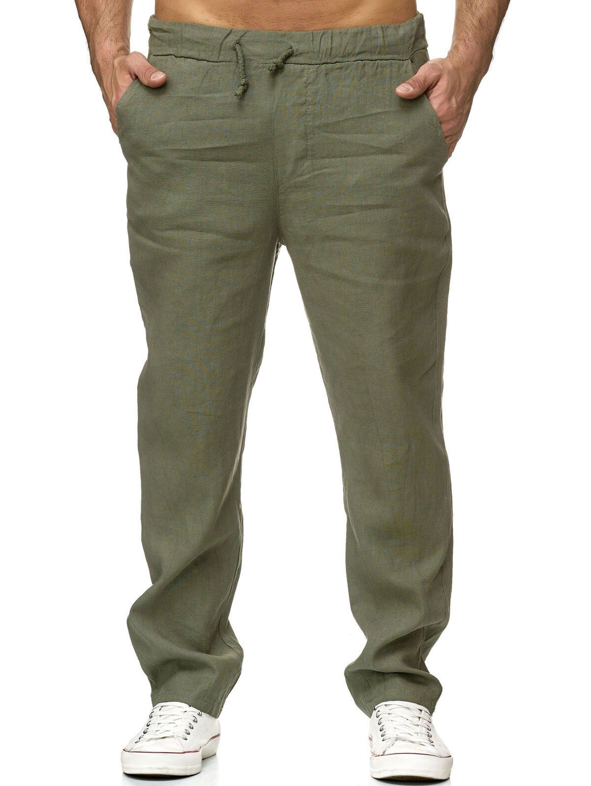 Pantalon Droit Long en Couleur Unie à Taille Elastique - Vert Armée XS