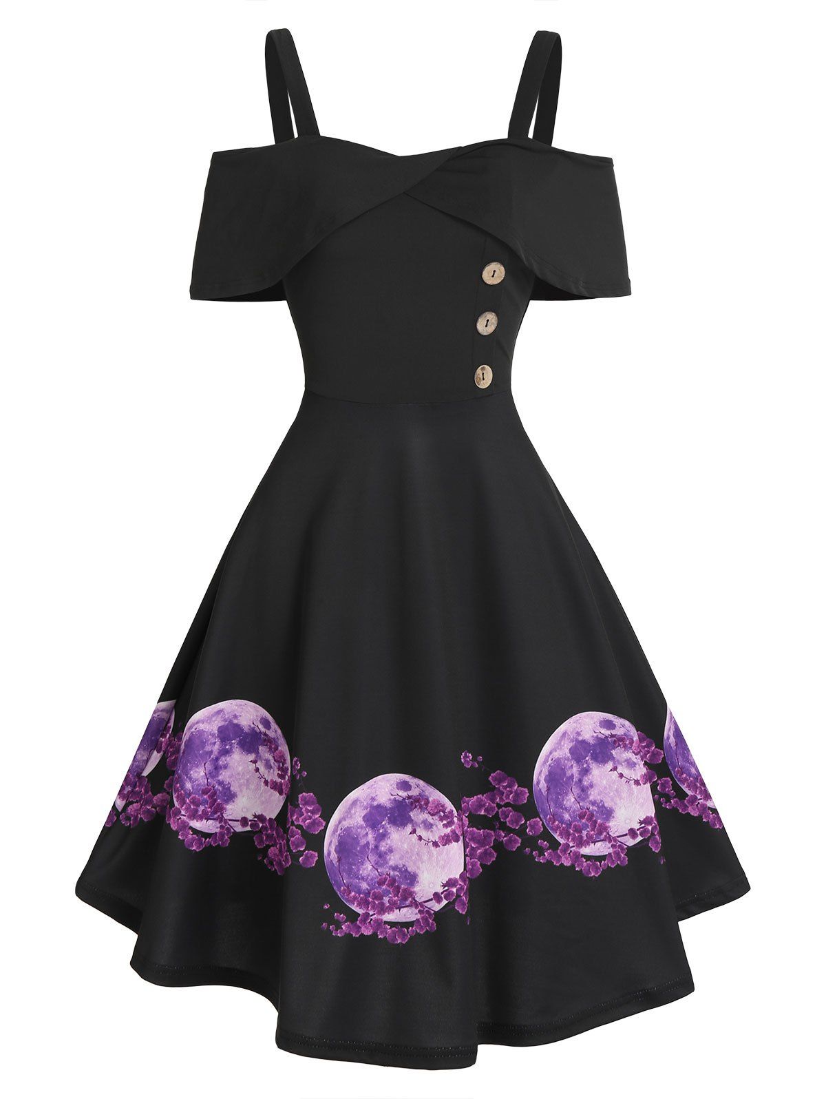 Moon Floral Print Open Shoulder Mock Button Midi A Line Dress - BLACK M