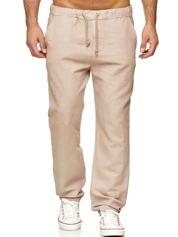 Pantalon Droit Long en Couleur Unie à Taille Elastique - Kaki Léger S
