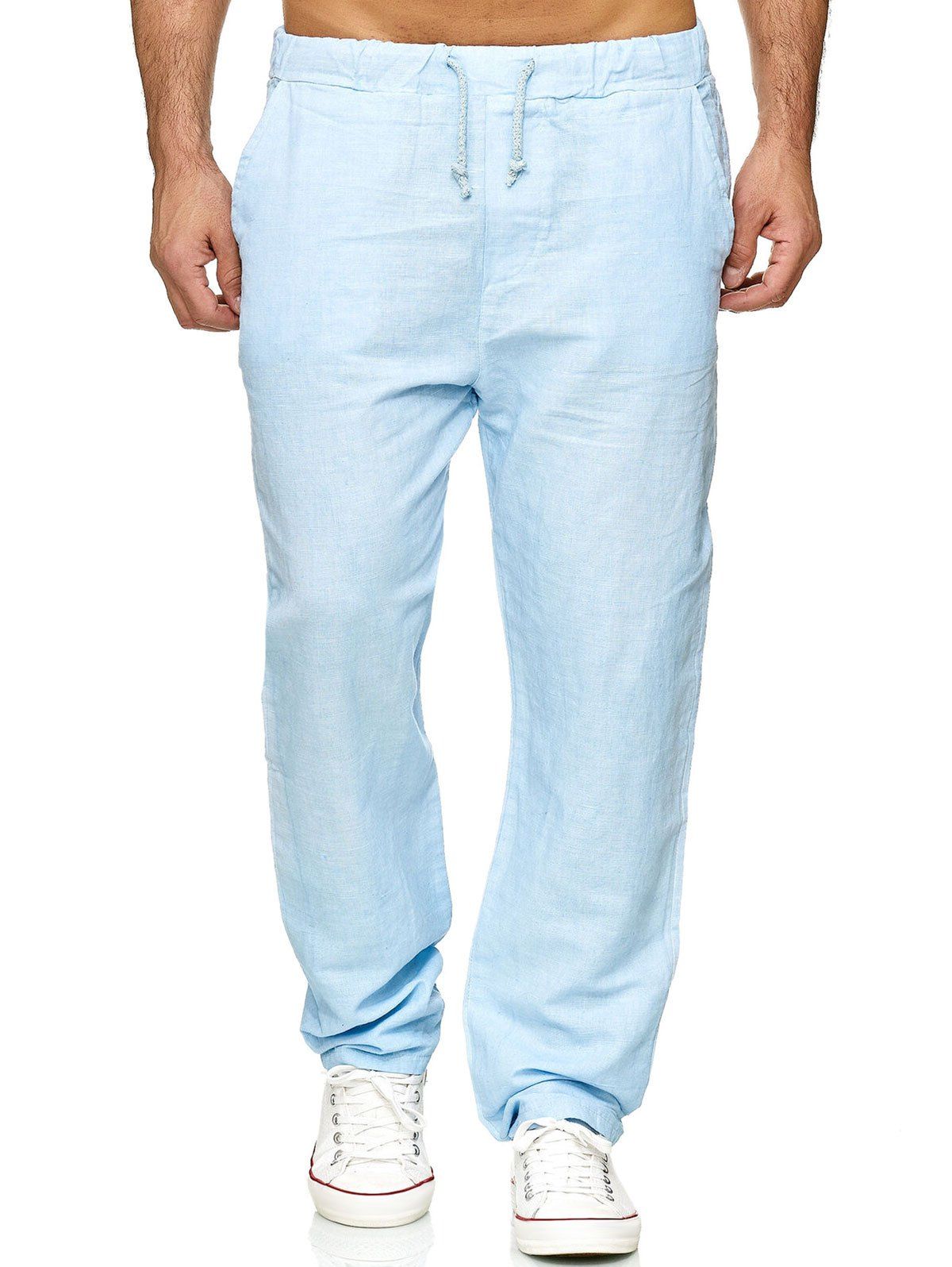 Pantalon Droit Long en Couleur Unie à Taille Elastique - Bleu Ciel XS