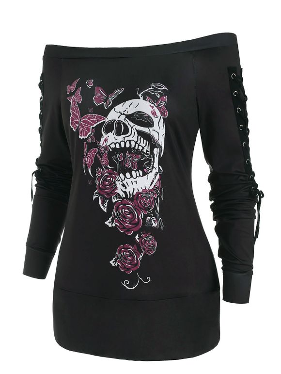 T-shirt d'Halloween Crâne et Papillon avec Lacets - Noir S