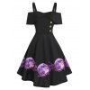 Robe Mi-Longue Ligne A à Imprimé Fleurie Lune à Epaule Dénudée - Noir L