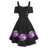 Moon Floral Print Open Shoulder Mock Button Midi A Line Dress - BLACK M