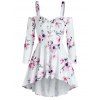 Flower Print Lace-up Cold Shoulder High Low Dress - WHITE M