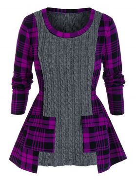 Plus Size Plaid Cable Knit Mixed-media Sweater