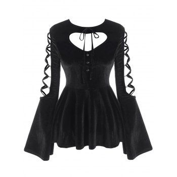 Image of Lattice Velvet Heart Cutout Flare Sleeve Peplum Top