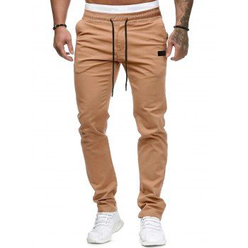 

Plain Leather Detail Casual Straight Pants, Khaki