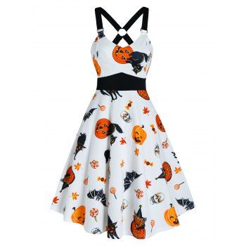 

Halloween Pumpkin Animal Print Cami A Line Dress, White