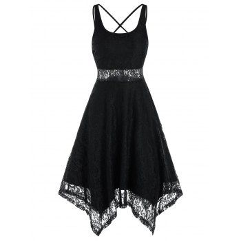 

Sleeveless Strappy Handkerchief Lace Dress, Black