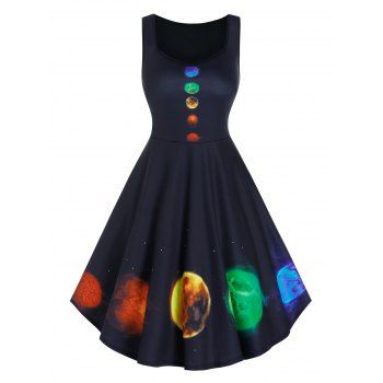 

Colorful Planet Print High Waist Mini Sleeveless Dress, Black