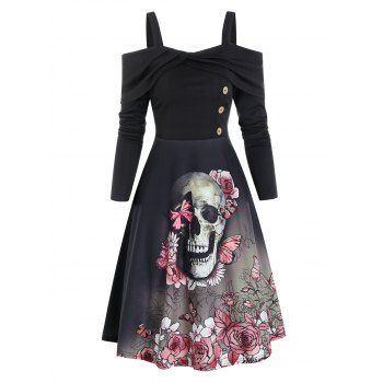 

Floral Skull Pattern Open Shoulder Gothic Mini A Line Dress, Black