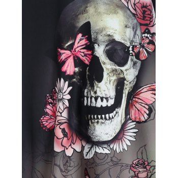 Floral Skull Pattern Open Shoulder Gothic Mini A Line Dress