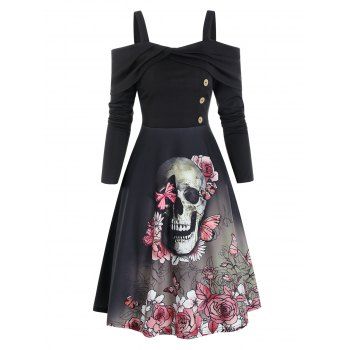 Floral Skull Pattern Open Shoulder Gothic Mini A Line Dress