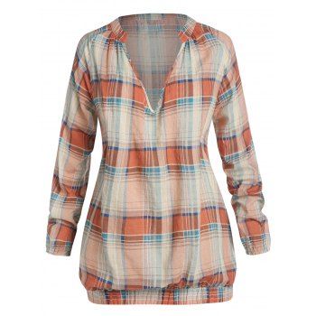 

Plus Size Madras Plaid Blouson Long Sleeve Blouse, Multicolor a