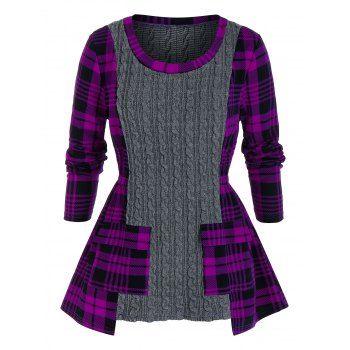 

Plus Size Plaid Cable Knit Mixed-media Sweater, Purple iris