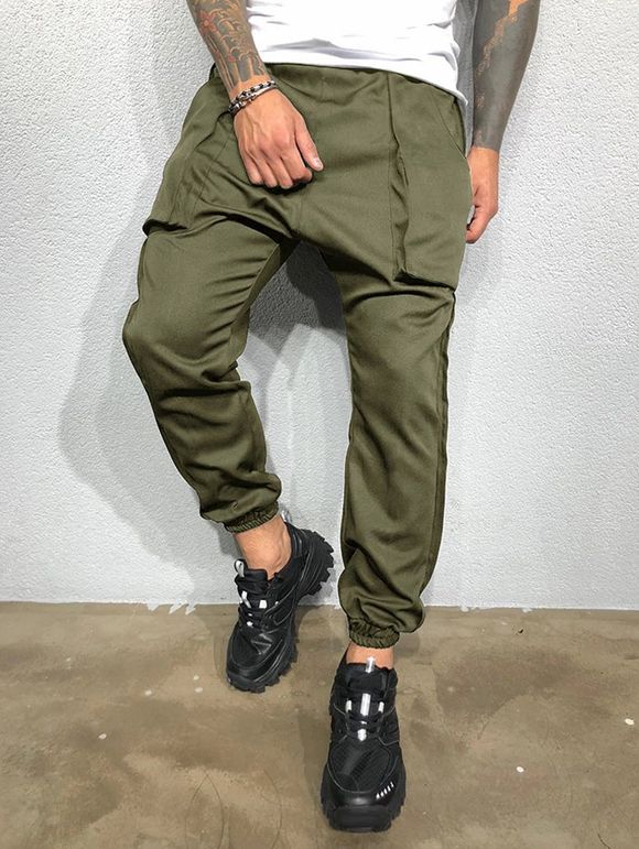 Pantalon Décontracté Jambe Large avec Poches à Pieds Etroits en Couleur Unie - Vert Armée XXL