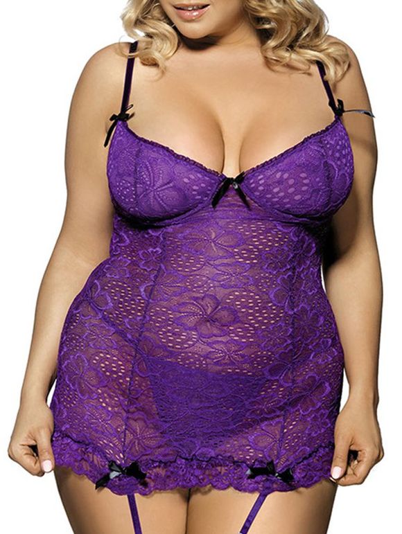 Ensemble de Lingerie Chiné en Dentelle Transparente de Grande Taille - Pourpre 4XL