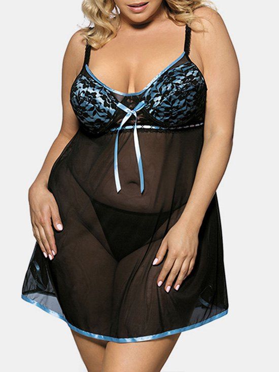 Ensemble de Body Lingerie en Maille Transparente de Grande Taille - Bleu 4XL