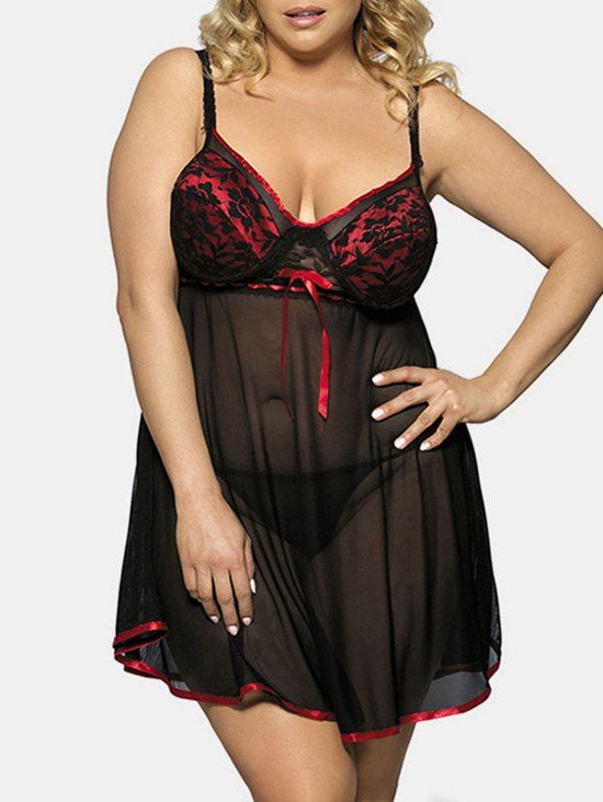 Ensemble de Body Lingerie en Maille Transparente de Grande Taille - Rouge 5XL