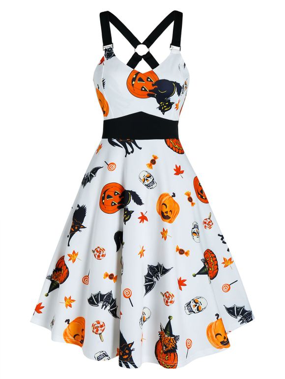 Robe d'Halloween Ligne A à Imprimé Citrouille Animal à Bretelle - Blanc 3XL