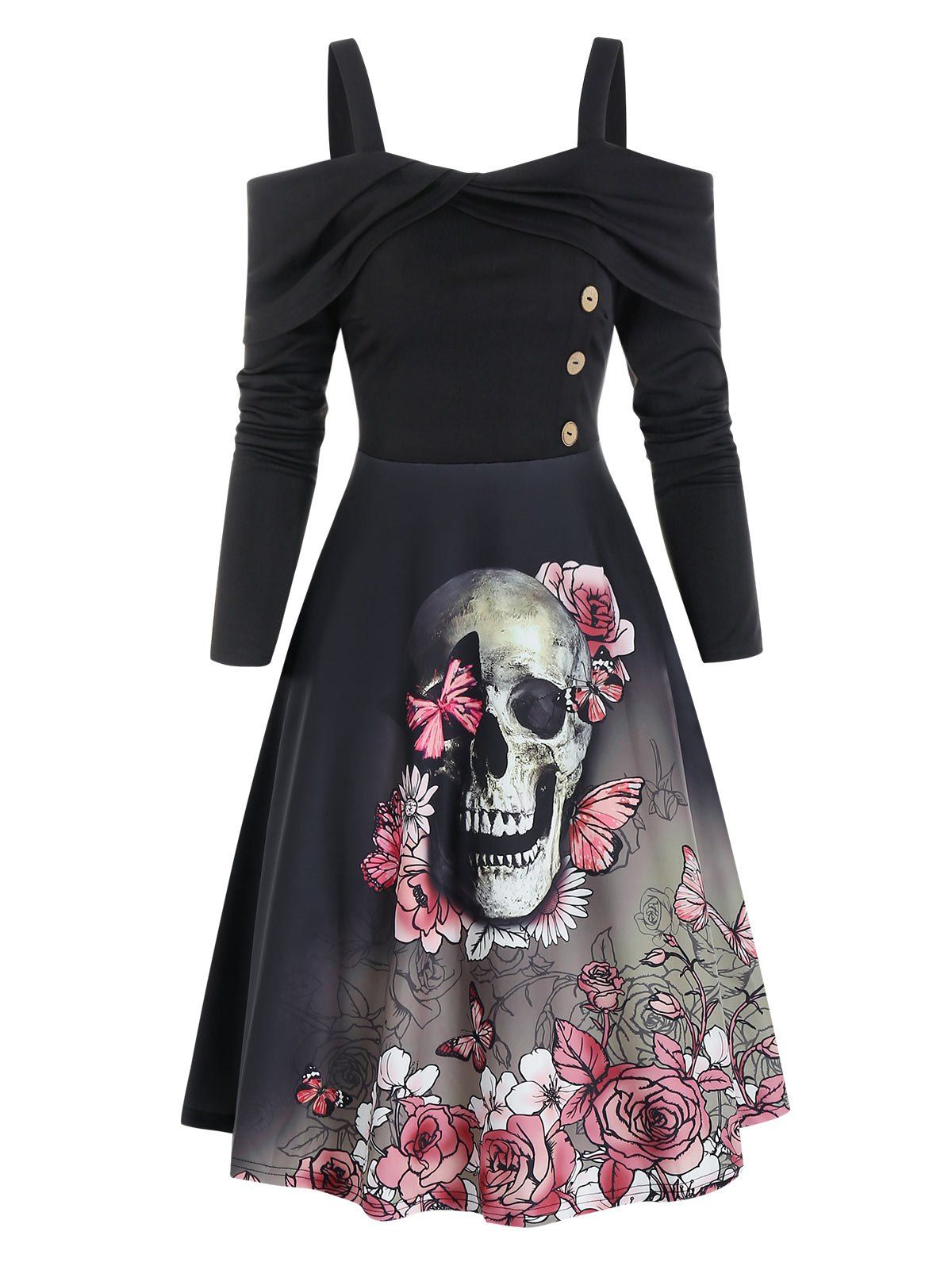 Floral Skull Pattern Open Shoulder Gothic Mini A Line Dress - BLACK XL