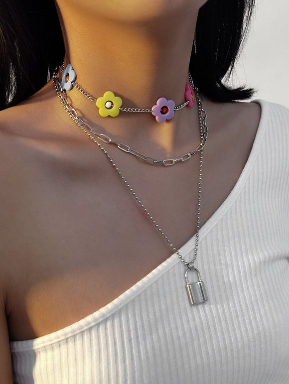 Ensemble de Collier Fleur Serrure Coloré Pendant 3 Pièces - Argent 